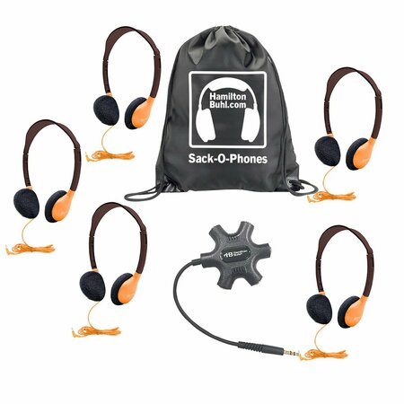 HAMILTONBUHL Galaxy Econo-Line Sack-O-Phones w/ 5 Orange Personal-Sized Headphones, StarfishJackbox, CarryBag, 7PK GJB5HA2ORG
